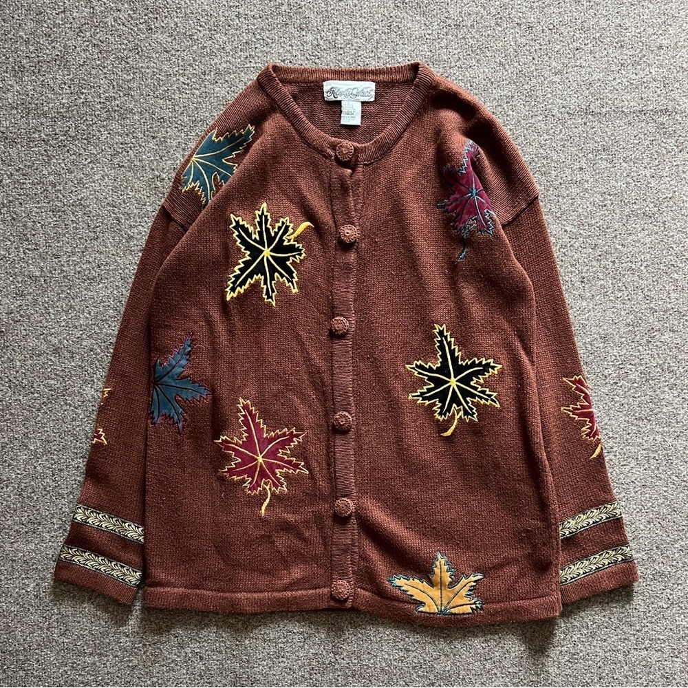 Vintage‎ Alexa Grace Brown Leaves Cardigan Sweater Fall Autumn Grannycore Size S